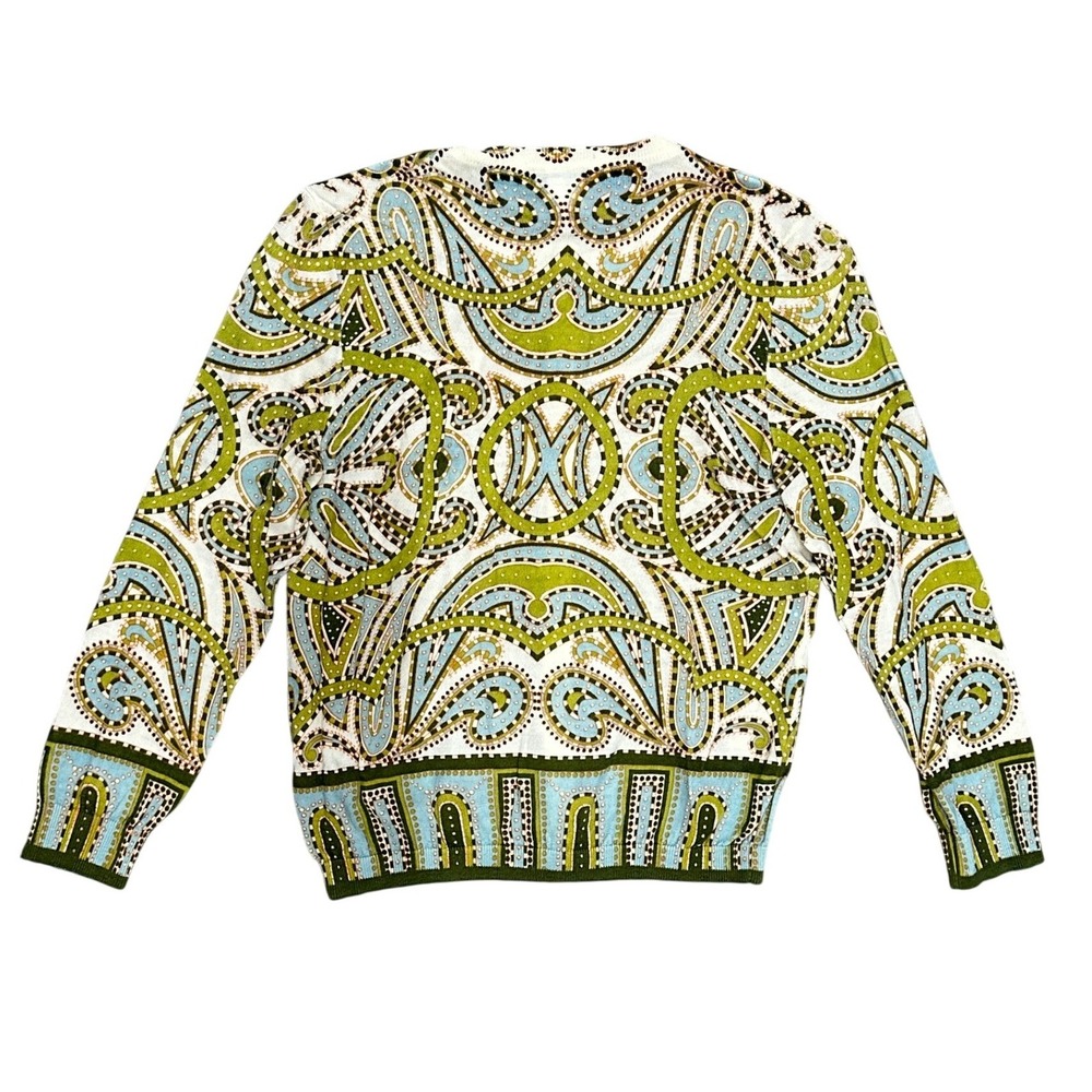 J.Crew Cardigan Women S Green Merino Wool Paisley Geometric Print Button Front - Picture 2 of 8